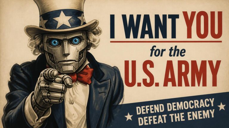 Cartel tipo reclutamiento con figura robótica señalando; textos 'I WANT YOU for the U.S. ARMY' y 'DEFEND DEMOCRACY DEFEAT THE ENEMY'.