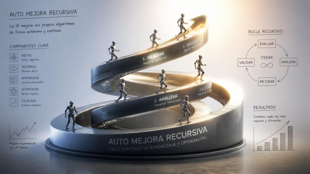 Espiral metálica con robots subiendo, flecha ascendente y diagramas y textos en español sobre el ciclo de auto‑mejora recursiva.
