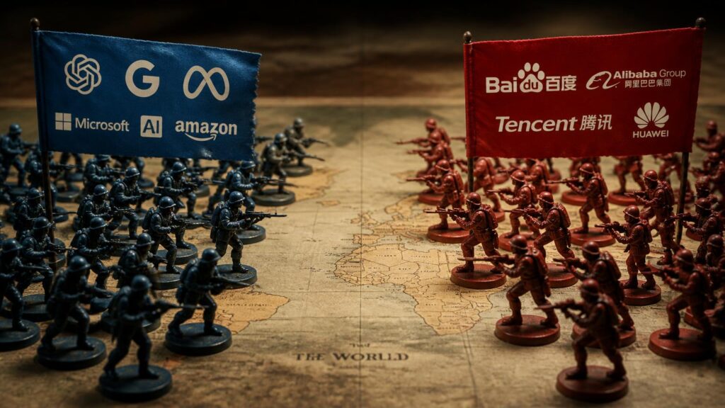 Figuras de soldados de juguete azules y rojas enfrentadas sobre un mapa mundial, con banderas que muestran logotipos de grandes empresas tecnológicas.