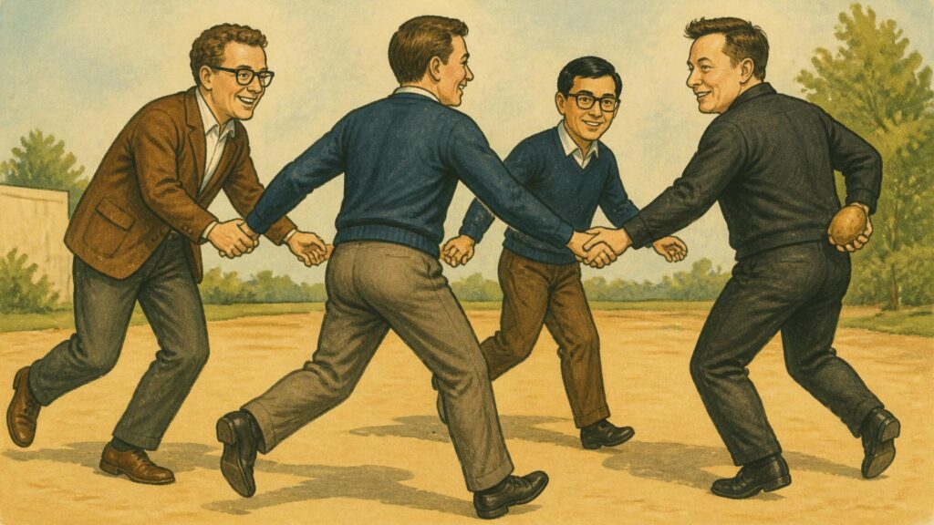Ilustración retro de cuatro hombres en círculo tomados de las manos, uno sostiene una pelota detrás de la espalda; campo y árboles de fondo.
