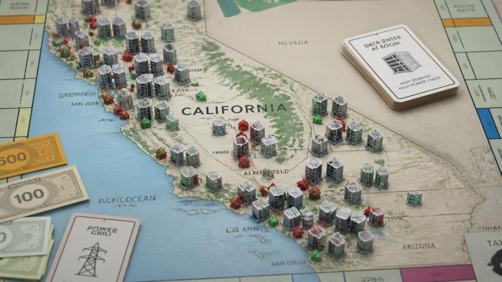 Tablero de juego con mapa de California, numerosas fichas de edificios tipo torre, casitas rojas y verdes, cartas y billetes de juego.