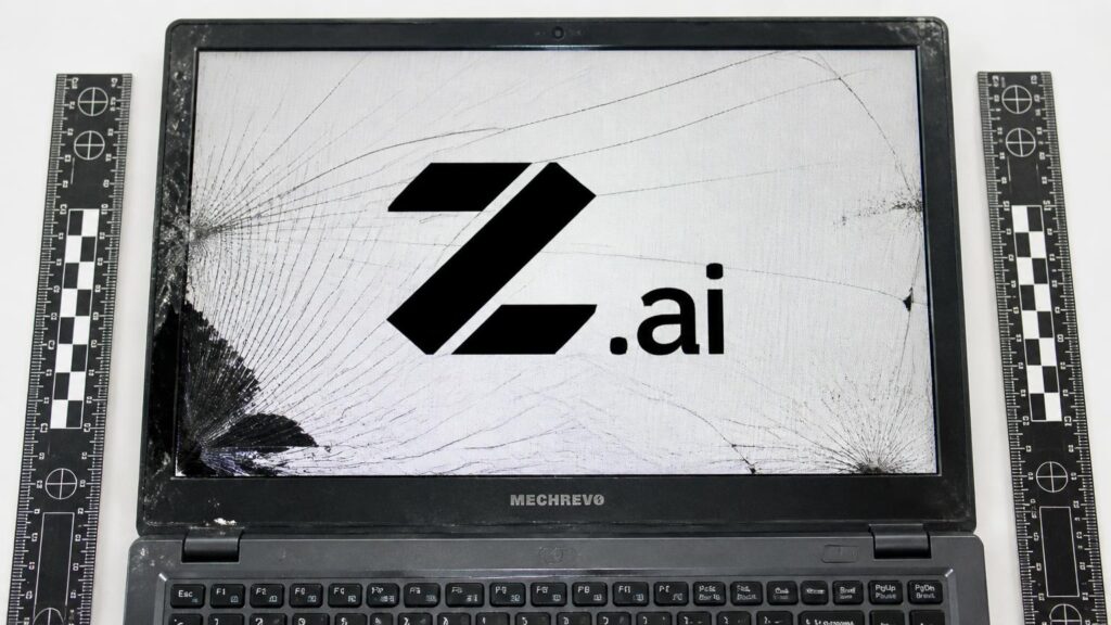 Portátil abierto con pantalla agrietada que muestra el logotipo 'Z.ai'; reglas de medición a ambos lados y teclado visible.