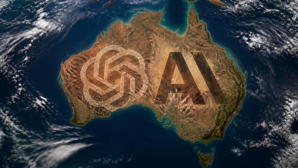 Vista satelital de Australia con dos logotipos de IA semitransparentes superpuestos, mar y nubes alrededor.