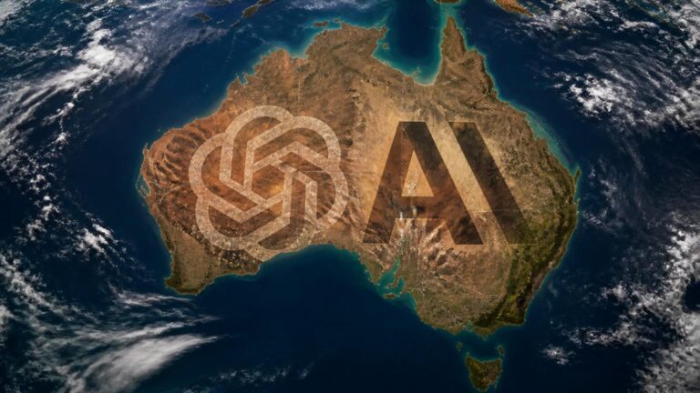Vista satelital de Australia con dos logotipos de IA semitransparentes superpuestos, mar y nubes alrededor.