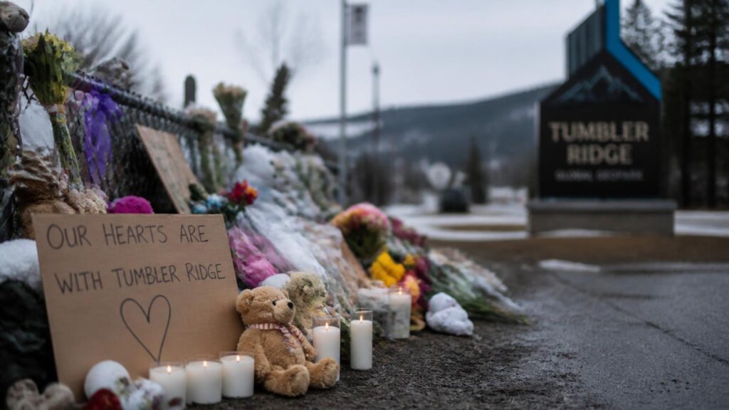 Ofrenda en arcén con velas encendidas, un osito, flores y un cartel que dice 'Our hearts are with Tumbler Ridge'; al fondo, señal del pueblo.