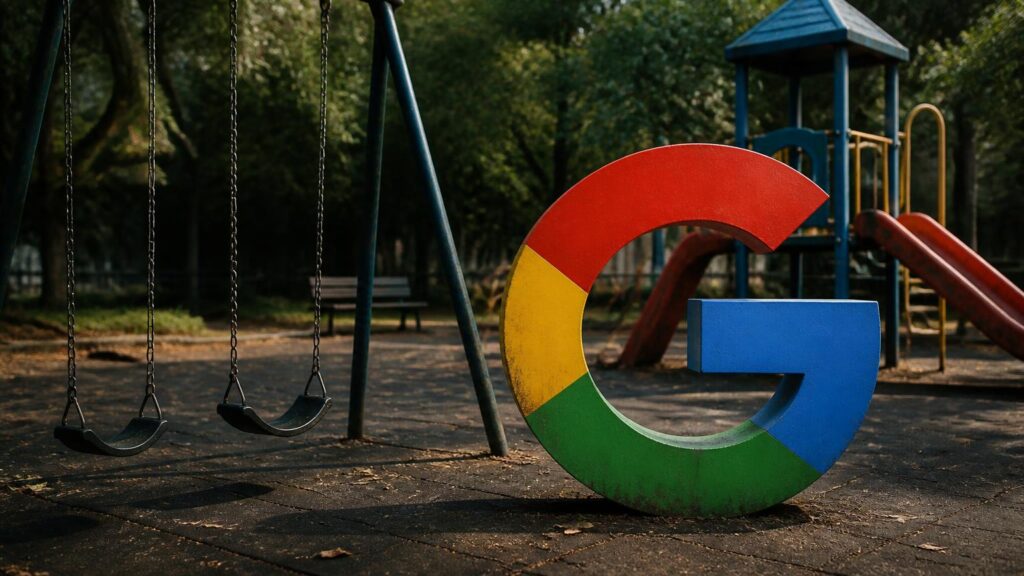 Parque infantil vacío con columpios y una gran letra G de colores similar al logotipo de Google junto a un tobogán.