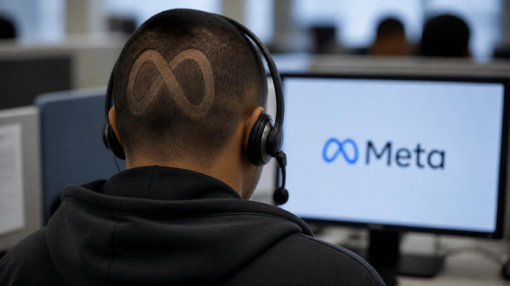 Vista trasera de una persona con auriculares y el símbolo de Meta rapado en la nuca, delante de un monitor que muestra el logo 'Meta'.