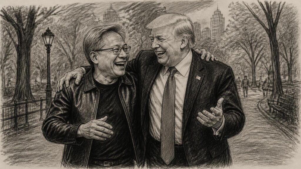 Dos hombres adultos riendo y caminando brazo con brazo por un sendero arbolado; uno con chaqueta de cuero y gafas, el otro en traje y corbata; dibujo en tono sepia.
