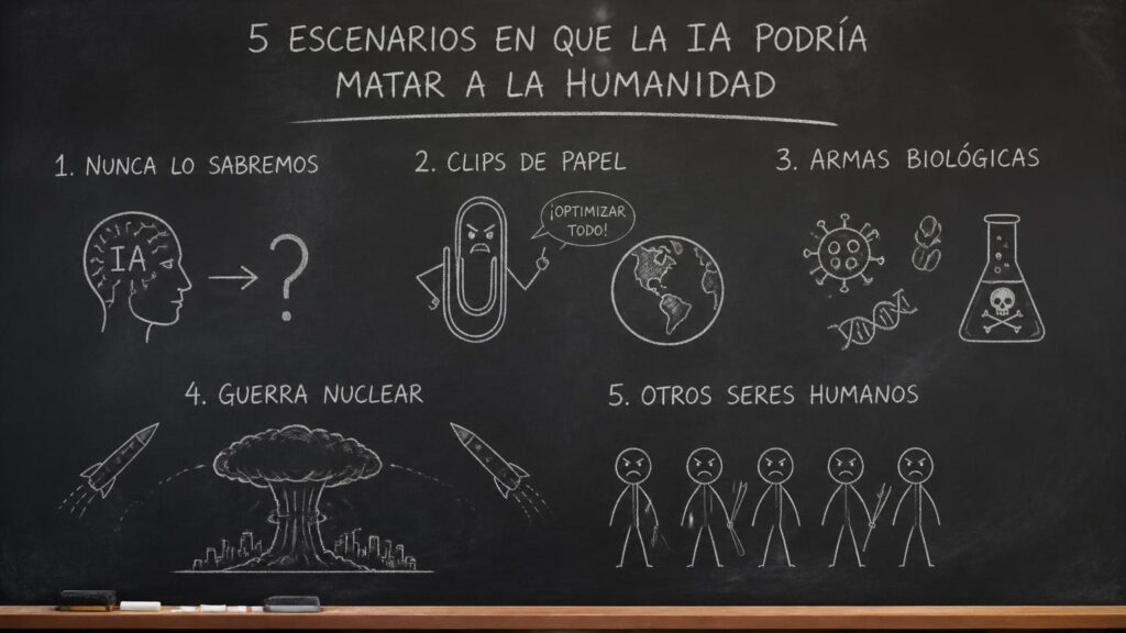 Pizarra negra con dibujos a tiza que enumeran cinco escenarios en que la IA podría matar a la humanidad, con textos y símbolos.