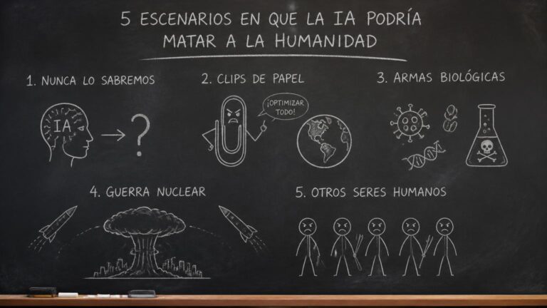Pizarra negra con dibujos a tiza que enumeran cinco escenarios en que la IA podría matar a la humanidad, con textos y símbolos.
