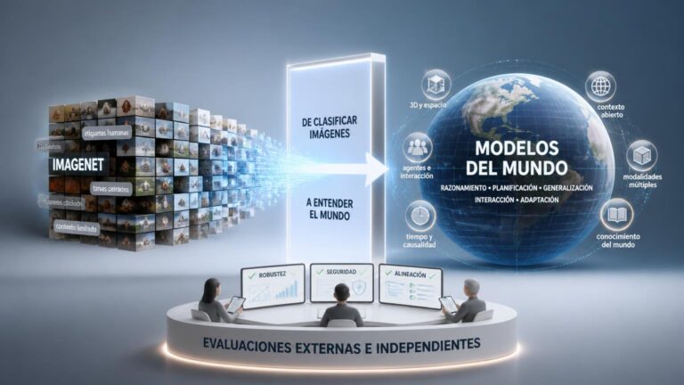 Ilustración: cubos 'ImageNet' a la izquierda, flecha hacia globo 'Modelos del mundo'; tres personas ante monitores y texto 'Evaluaciones externas e independientes'.