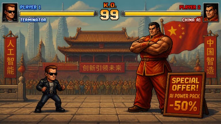 Escena pixel art de lucha con dos combatientes frente a un templo chino, pancartas con textos en chino e inglés y cartel de oferta -50%.