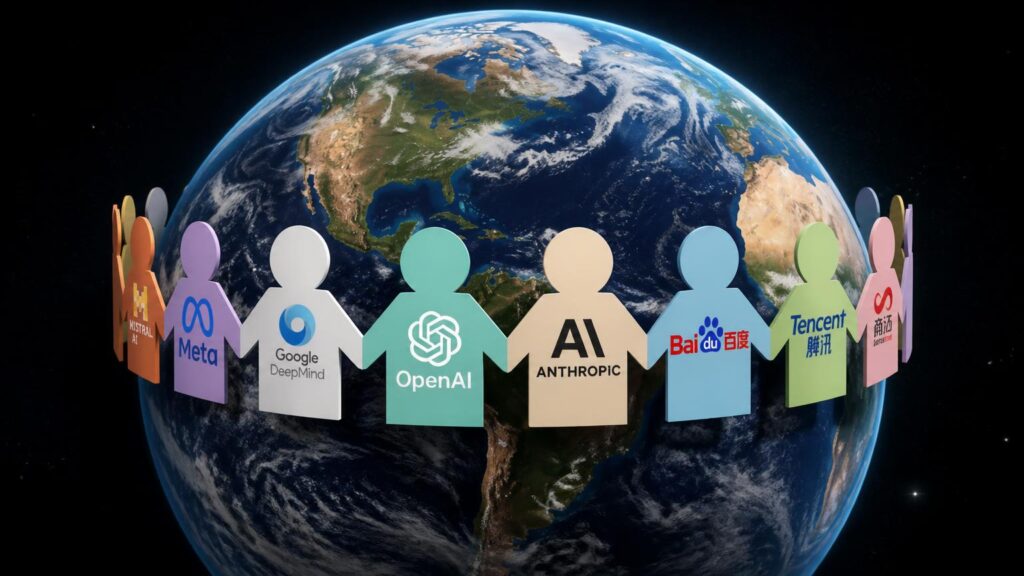Figuras de papel con logotipos de empresas de IA formando un anillo alrededor de la Tierra en el espacio.