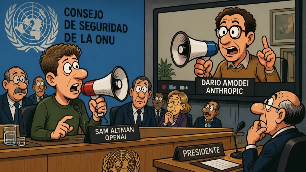 Viñeta ilustrada de dos oradores con megáfonos y placas 'SAM ALTMAN OPENAI' y 'DARIO AMODEI ANTHROPIC' frente al emblema de la ONU.