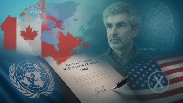Composición ilustrada: mapa de Canadá con bandera, emblema de la ONU, documento titulado 'DECLARACIÓN SOBRE INTELIGENCIA ARTIFICIAL ONU', retrato masculino y bandera de EE. UU. con una X.