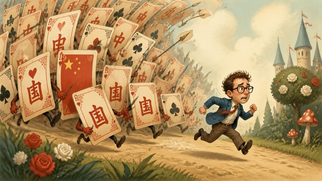 Ilustración de un hombre con gafas huyendo de cartas antropomórficas con símbolos chinos en un paisaje de cuento.