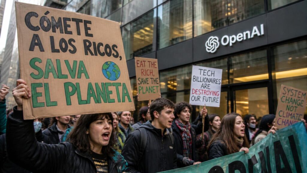 Grupo de manifestantes con pancartas delante de una fachada de cristal con el rótulo 'OpenAI'.