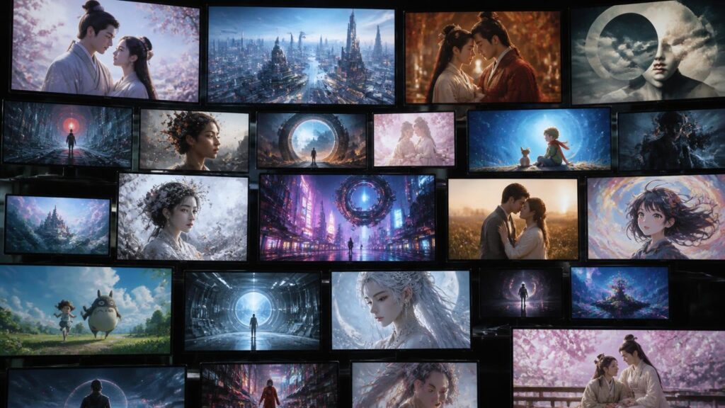 Muro de monitores mostrando escenas cinematográficas y de fantasía: ciudades futuristas, parejas, personajes anime y portal luminoso (imagen generada, ilustrativa).