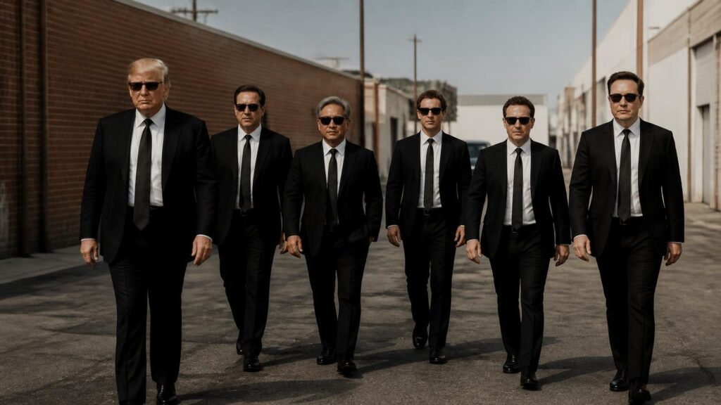 Seis hombres con trajes negros y gafas de sol caminan en formación por un callejón industrial durante el día.