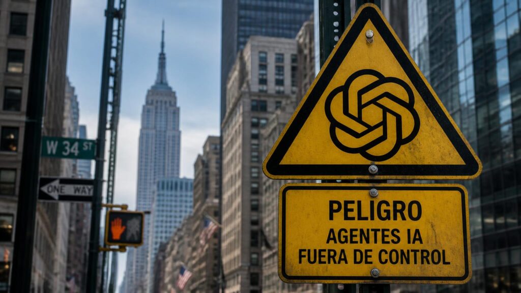 Señal amarilla triangular con un logotipo negro y placa que lee 'PELIGRO AGENTES IA FUERA DE CONTROL' en una calle urbana con rascacielos al fondo.