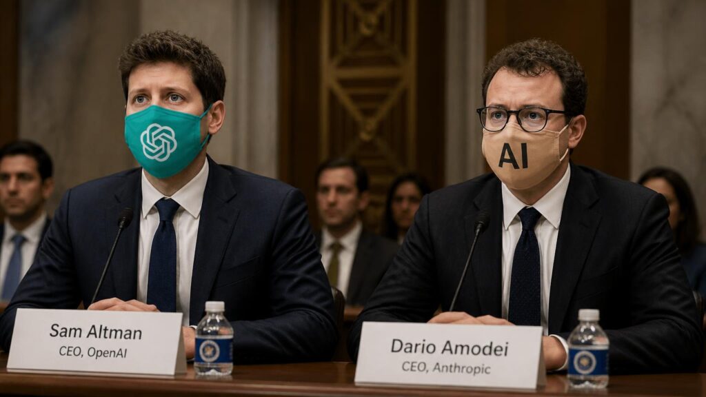 Dos hombres con traje y mascarilla ante micrófonos en una sala formal; placas con los textos 'Sam Altman, CEO, OpenAI' y 'Dario Amodei, CEO, Anthropic' visibles.