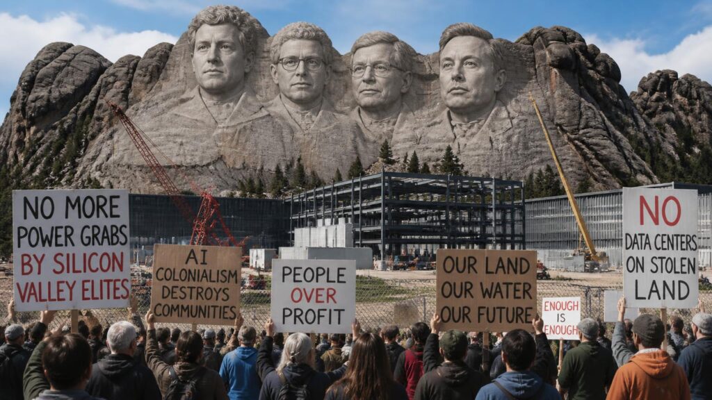 Multitud protesta frente a una obra en construcción; en la roca se ven cuatro grandes rostros tallados y carteles en inglés.