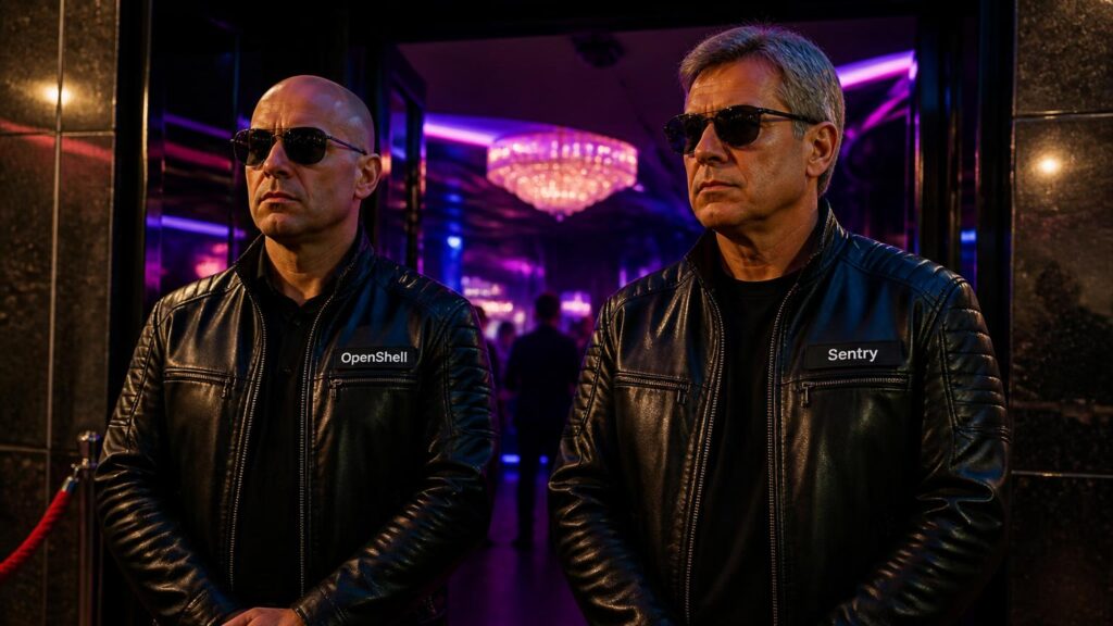 Dos hombres con chaquetas negras y gafas de sol, con etiquetas 'OpenShell' y 'Sentry', frente a una entrada iluminada en tonos morados.