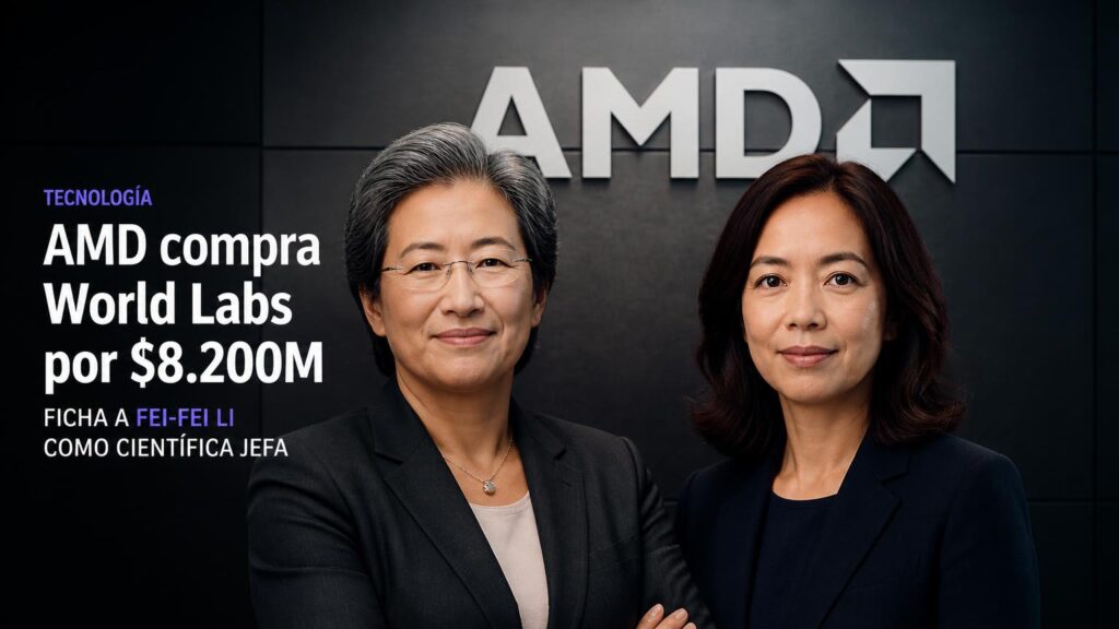 Dos mujeres posan ante un gran logotipo de AMD; texto editorial a la izquierda anuncia la compra de World Labs por $8.200M y menciona a Fei‑Fei Li.