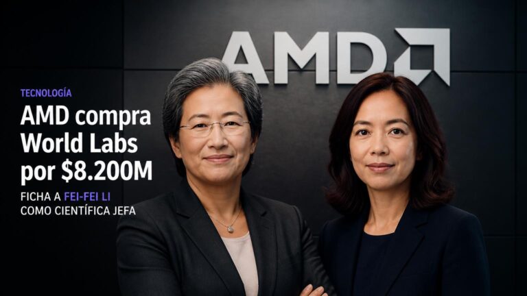 Dos mujeres posan ante un gran logotipo de AMD; texto editorial a la izquierda anuncia la compra de World Labs por $8.200M y menciona a Fei‑Fei Li.