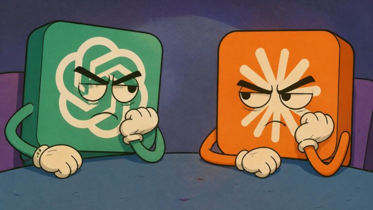 Dos iconos cuadrados caricaturescos con los logotipos de OpenAI (verde) y Anthropic (naranja), gestos enfadados apoyados en una mesa.