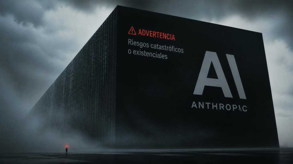 Gran bloque monolítico oscuro con las letras 'AI' y 'ANTHROPIC', aviso 'ADVERTENCIA: Riesgos catastróficos o existenciales', niebla y figura pequeña.