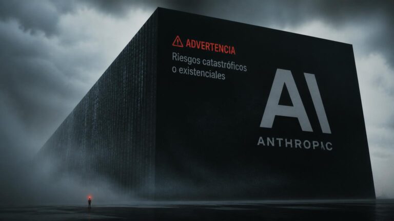 Gran bloque monolítico oscuro con las letras 'AI' y 'ANTHROPIC', aviso 'ADVERTENCIA: Riesgos catastróficos o existenciales', niebla y figura pequeña.