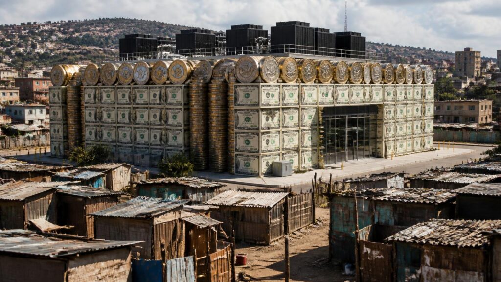 Edificio con fachada cubierta por imágenes de billetes y grandes monedas doradas, frente a un asentamiento de chabolas bajo un cielo parcialmente nublado.