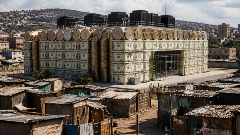 Edificio con fachada cubierta por imágenes de billetes y grandes monedas doradas, frente a un asentamiento de chabolas bajo un cielo parcialmente nublado.