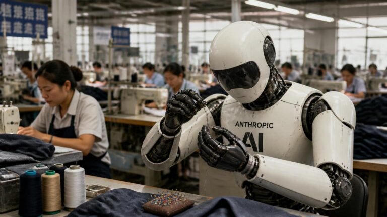 Robot humanoide con la inscripción 'ANTHROPIC' y 'AI' manipulando hilo en una mesa con carretes y alfileres, máquinas y personas al fondo.