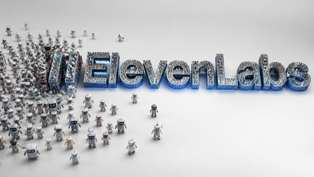 Texto 'ElevenLabs' formado por cientos de pequeños robots blancos con detalles azules sobre un fondo blanco, algunos dispersos alrededor.
