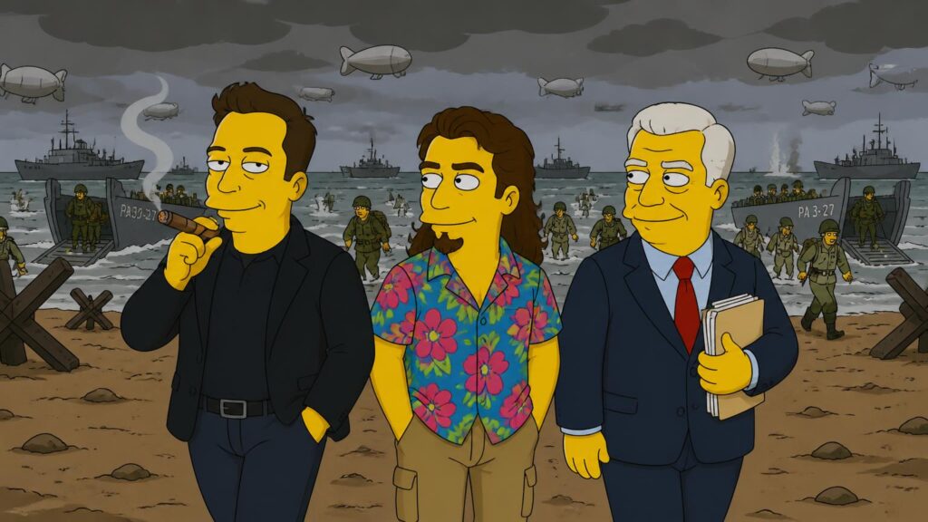 Tres personajes de estilo animado en primer plano en una playa con desembarco militar: soldados, lanchas, barcos y dirigibles.