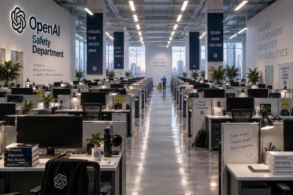 Oficina enorme y completamente vacía del departamento de seguridad de OpenAI, con largas hileras de puestos iluminados. Al fondo, la única persona visible parece un empleado, pero es una trabajadora de limpieza junto a su carro.