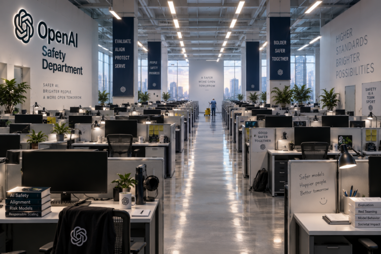 Oficina enorme y completamente vacía del departamento de seguridad de OpenAI, con largas hileras de puestos iluminados. Al fondo, la única persona visible parece un empleado, pero es una trabajadora de limpieza junto a su carro.