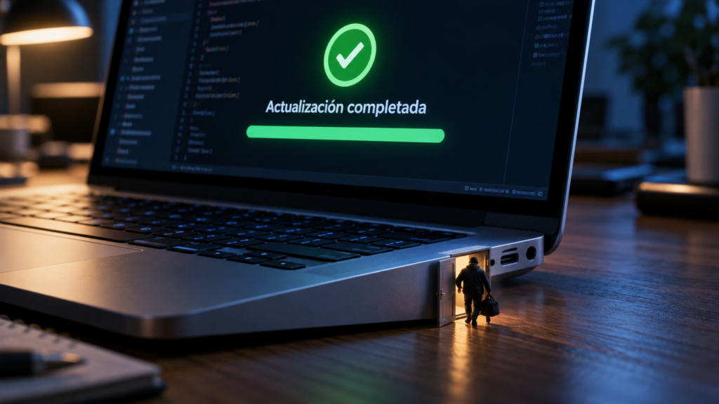Un portátil muestra «Actualización completada» mientras un pequeño intruso entra por una puerta abierta en el lateral de la carcasa.