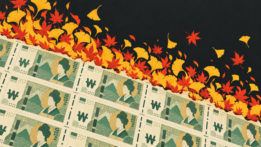 Plancha de billetes de won estilizados cuyo borde arde en hojas rojas de arce y amarillas de ginkgo, sobre fondo oscuro.