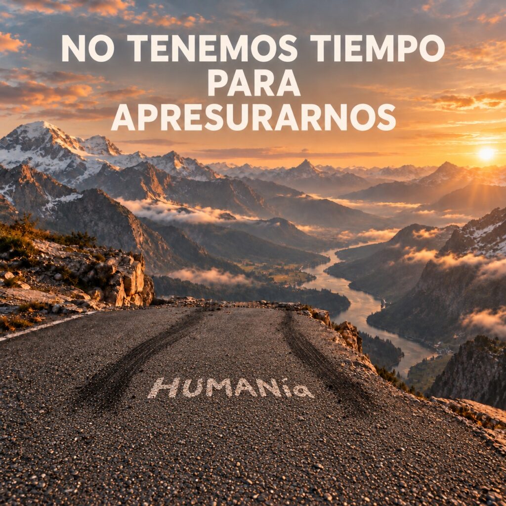 Carretera cortada ante un precipicio alpino, huellas de frenada y HUMANía pintado entre ellas. Título: No tenemos tiempo para apresurarnos.