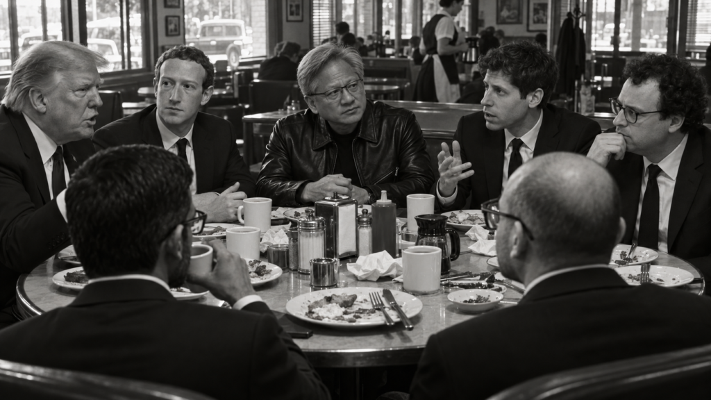 Imagen generada en blanco y negro: varias personas vestidas de forma formal sentadas alrededor de una mesa redonda en un diner, con platos, tazas y condimentos visibles.