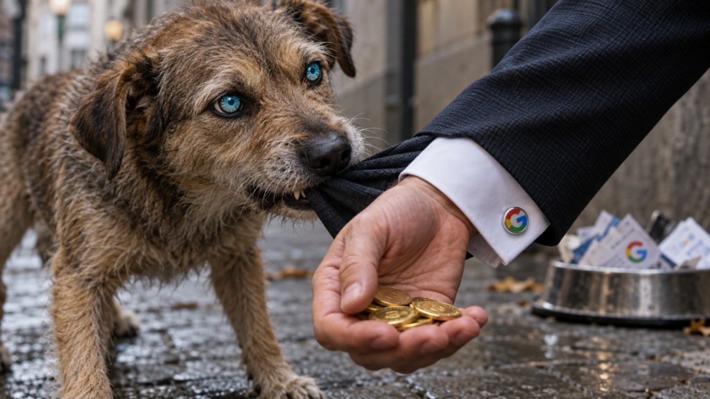 Perro de aspecto callejero y ojos electrónicos muerde una manga con un gemelo de Google mientras una mano le ofrece monedas.