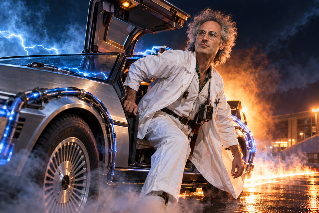 Hombre con bata blanca sale de un coche metálico retrofuturista con cables azules luminosos, fuego y niebla en un entorno urbano nocturno.
