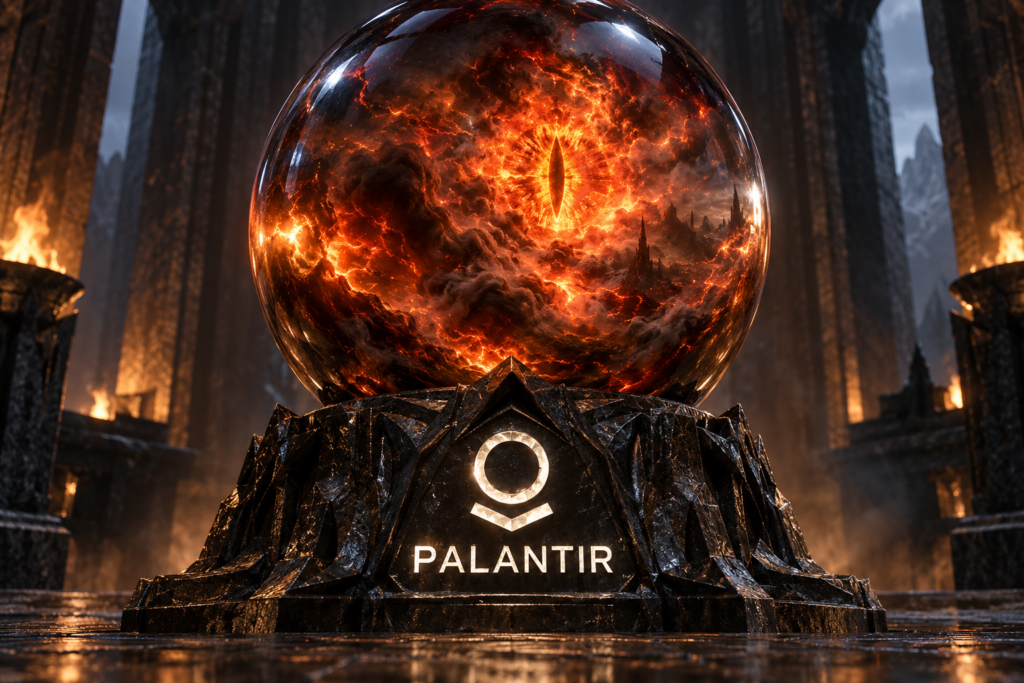 Esfera de fuego con un ojo vertical en su interior sobre un pedestal con el logo "PALANTIR" en una sala oscura y ceremoniosa.