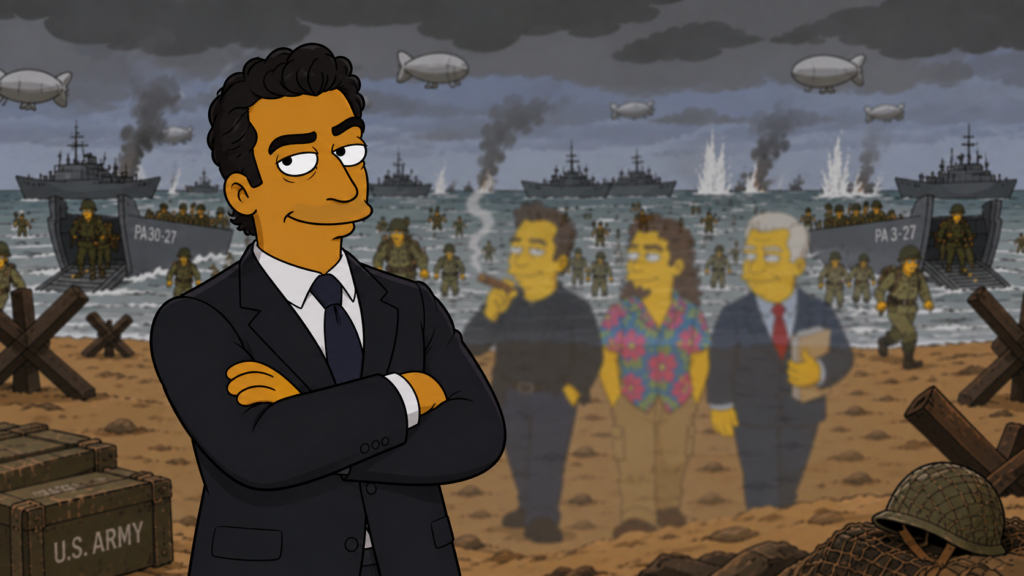 Ilustración estilo caricatura: hombre de traje en primer plano en playa de desembarco militar; soldados, barcos, humo y tres figuras translúcidas detrás.