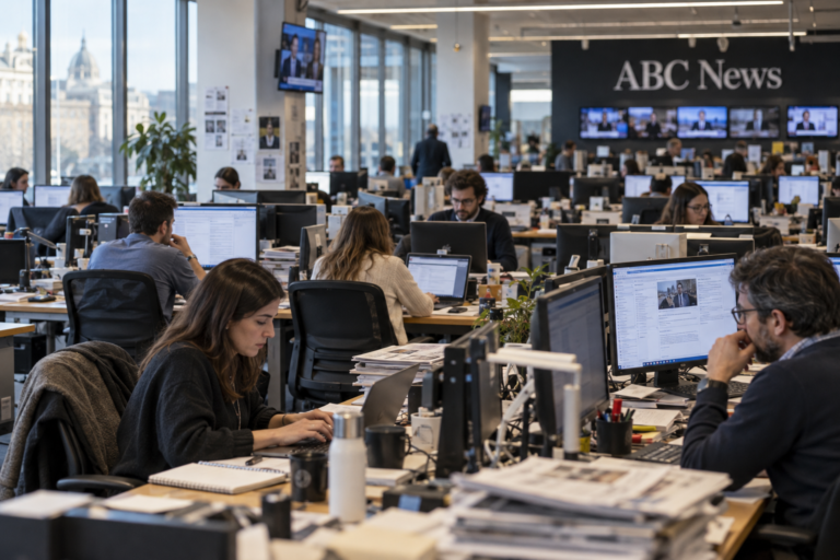 Redacción abierta con periodistas trabajando en mesas, pantallas encendidas y un rótulo visible con el texto 'ABC News'.