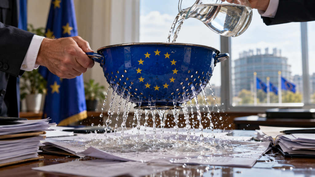 Colador azul con las estrellas de la Unión Europea dejando escapar agua sobre documentos mientras unas manos trajeadas lo sostienen.