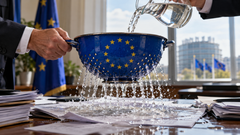 Colador azul con las estrellas de la Unión Europea dejando escapar agua sobre documentos mientras unas manos trajeadas lo sostienen.